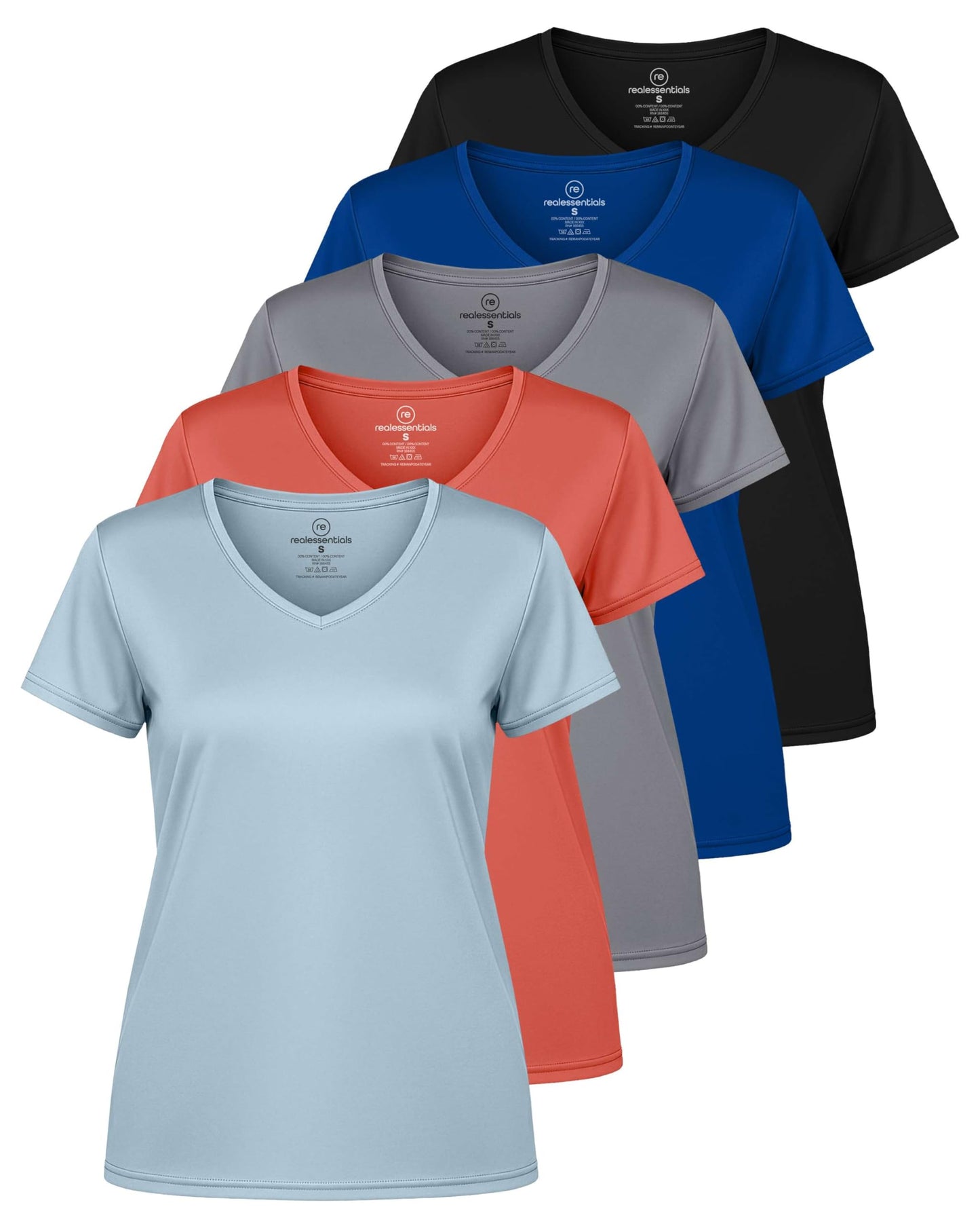 Real Essentials 5 Pack: Women's Dry-Fit Short Sleeve V Neck T Shirt Workout Fitness Yoga Top Tee, Set 10, L