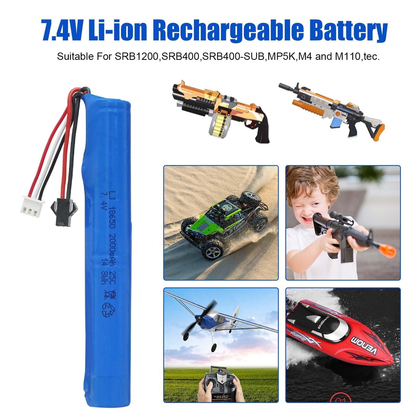 2 Pack 7.4V Batteries 2000mAh for SRB1200 400 400-SUB MP5K M4 M110 for Hobby Remote App Controlled Vehicle Water Bead Blaster Airsoft Gun