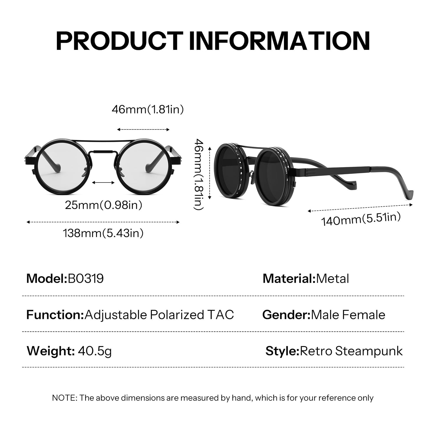 FEISEDY Adjustable Tint Aviator Polarized Sunglasses, 1-9 Gear Manual Dimming, Steampunk Round ND Filter Lenses UV400 B0319