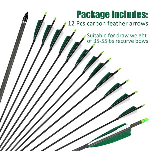 ARCTIRA Archery Real Feather Arrows for Recurve & Traditional Bow 30 inch Carbon Arrows with Removable Arrow Tips for Targeting Adult Beginners 12 Pcs