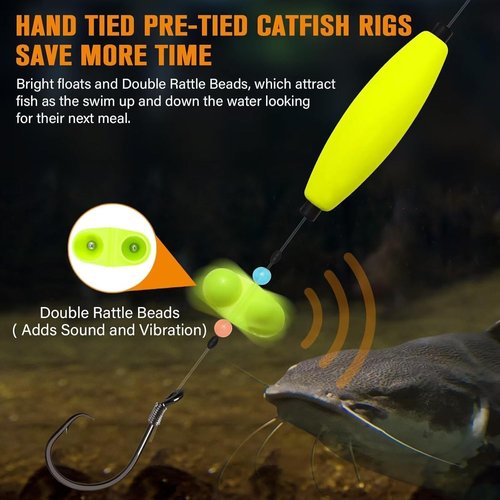 Petitionm Catfish Fishing Set, Kntopoint Takedown Rigs Catfish, Peg Floats for Catfishing, 2025 New Fishing Hook Set Catfish, 6/0-8/0 Hooks with Rattles & Floats, for Bank/Drift Fishing(6/0,9PCS)