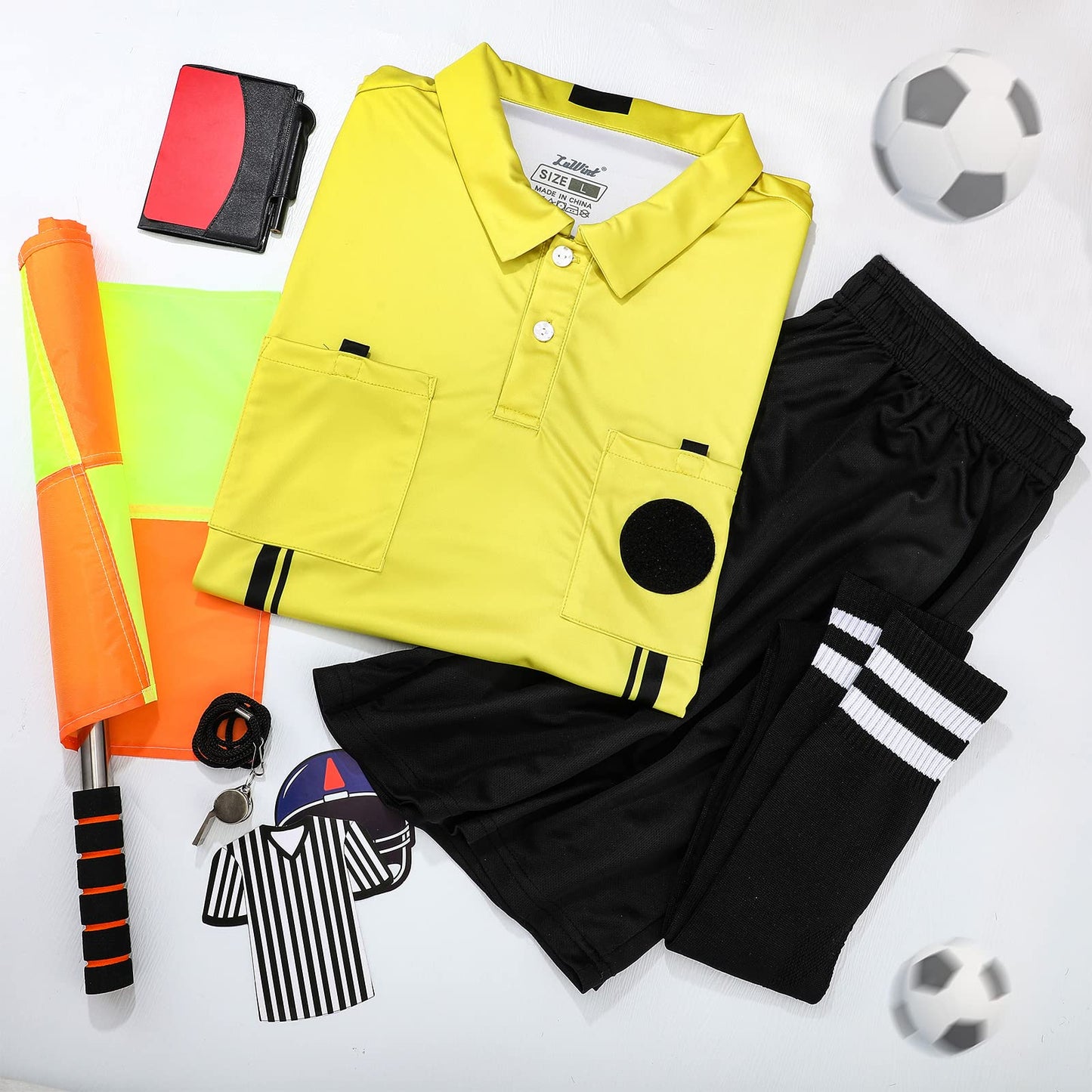 Hicarer 6 Pcs Soccer Referee Kit Football Package for Men Soccer Referee Costume Shirt Linesman Flags Whistle Cards Sport Accessory for Adult Teenager(Small)