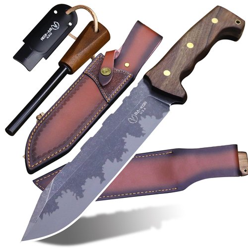 BA-KOR DC53 Steel 38CM (15.2IN) Full Tang 6mm Thick Fixed Knife+Sheath&(5.9IN) Cerium Igniter, Suitable for Outdoor Hunting, Camping, Survival Exploration, EDC