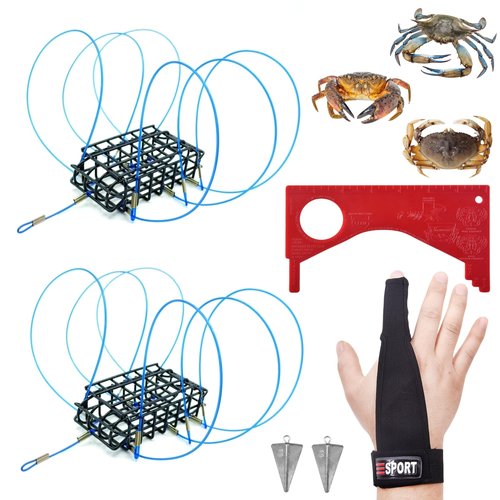 AQWXC 6-Loops Crab Trap for Fishing Pole, Crab Snare for Dungeness, Rock and Blue Crabs (2 Pack Kit(Glove, Gauge Included))
