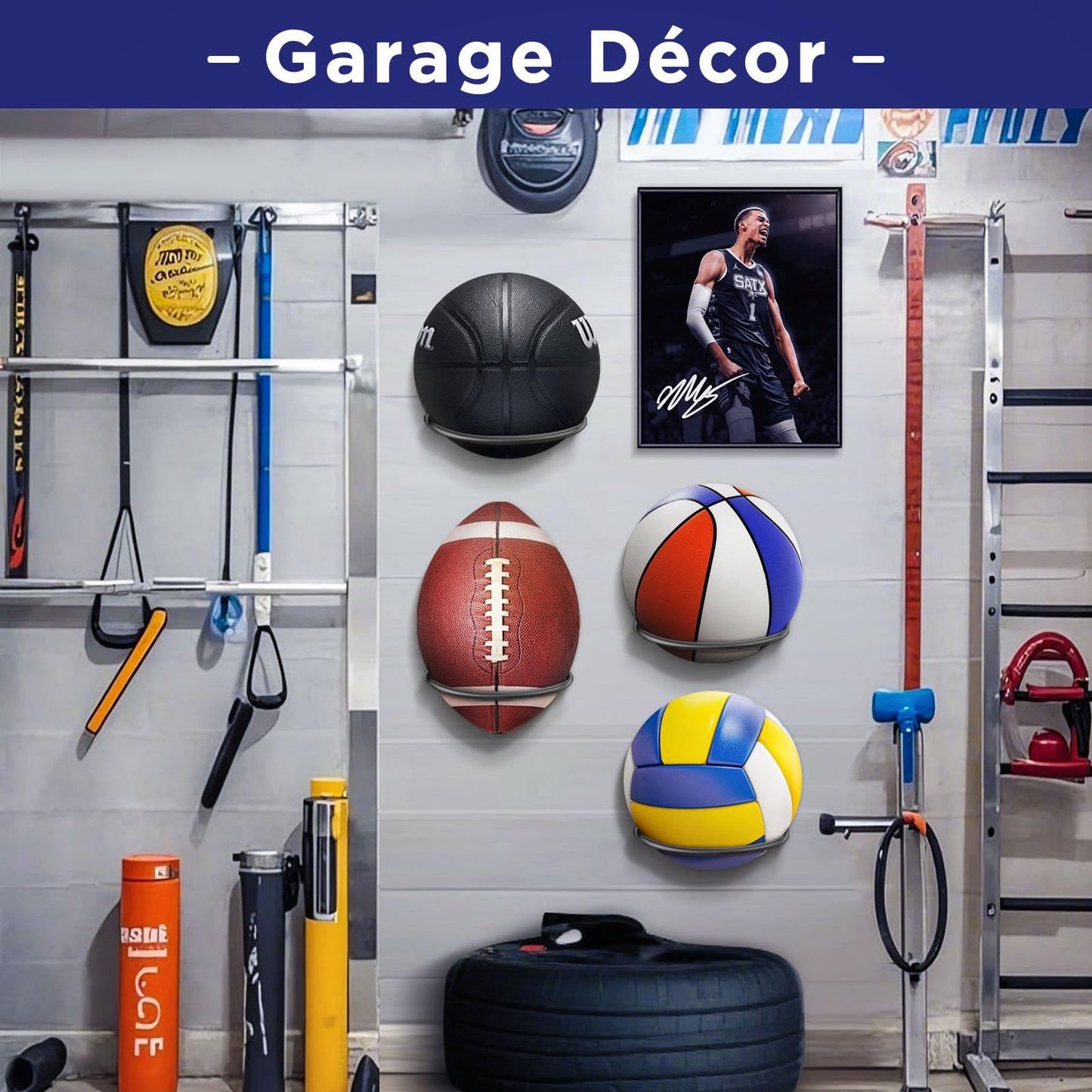 Basketball-Holder Wall Mount, Football Holder Space Saving Ball Storage Rack, Durable Wall Mounted Ball Organizer for Basketball, Football, Volleyball, Soccer Balls, Garage, Kids Room (4 Packs)