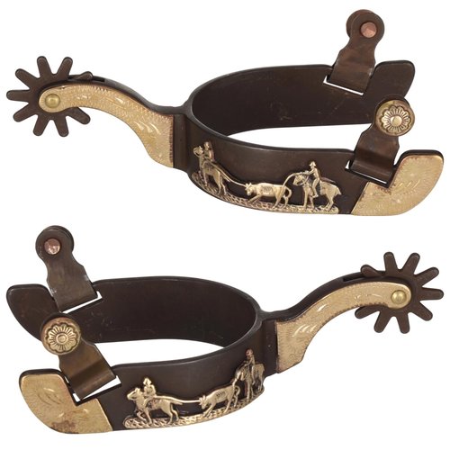 Lnrueg 2 Pcs Western Spurs, Cowboy Boot Spurs with Turnable Gear, Antique Copper and Brass Design with Engraved Trims, Retro Low Carbon Steel Horse Spurs (Black)