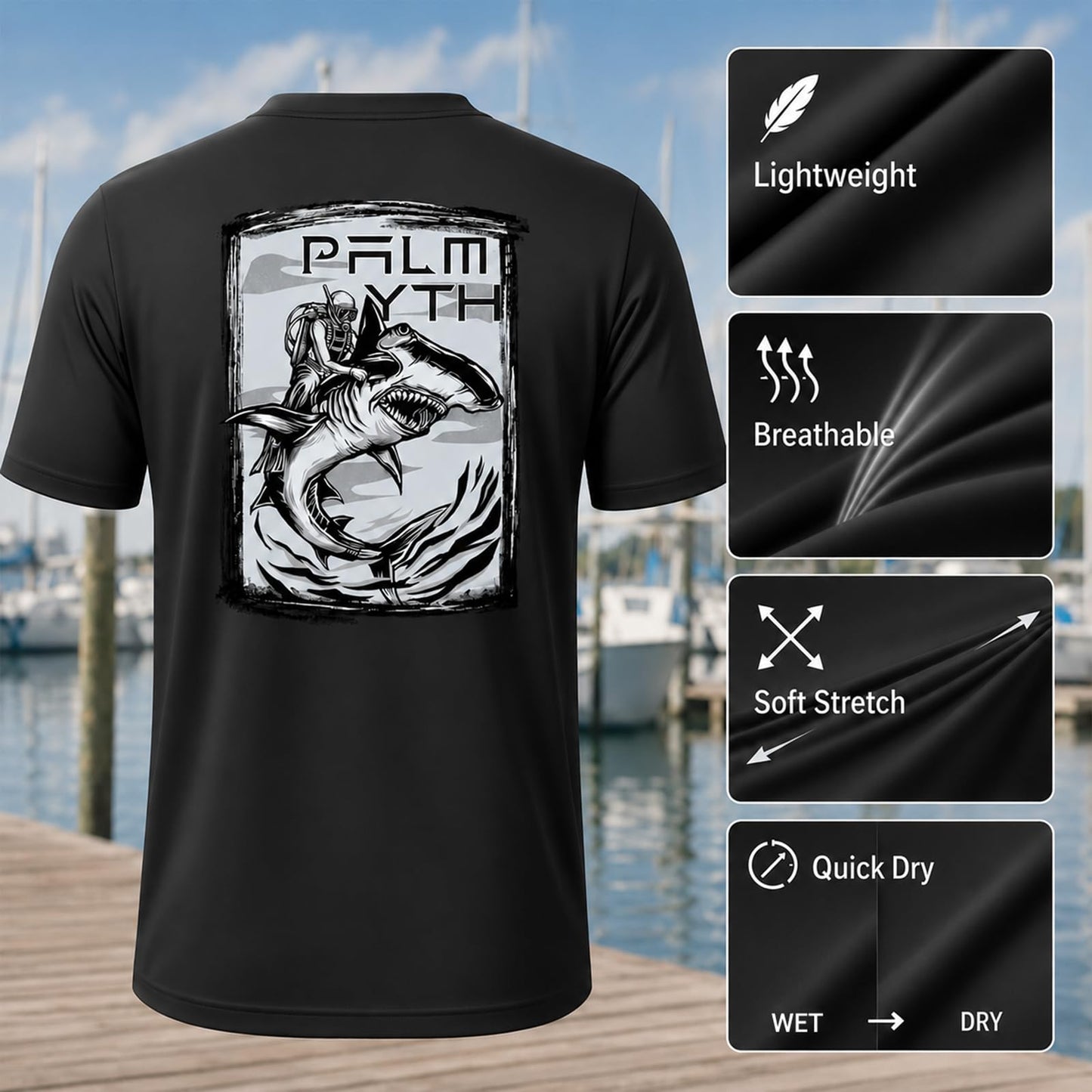 Palmyth Fishing Shirts for Men Short Sleeve T-Shirt UPF 50+ Sun Protection UV Tee Black Diver Shark XL