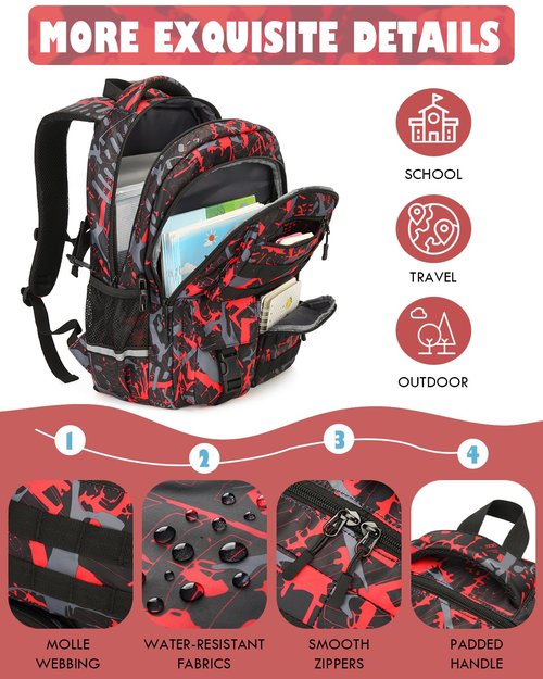 SunForMorning School Backpack for Boys Lightweight Bookbag for Kids Children Teens Elementary Middle School, Camo Boys Backpacks Back to School Gifts, Red