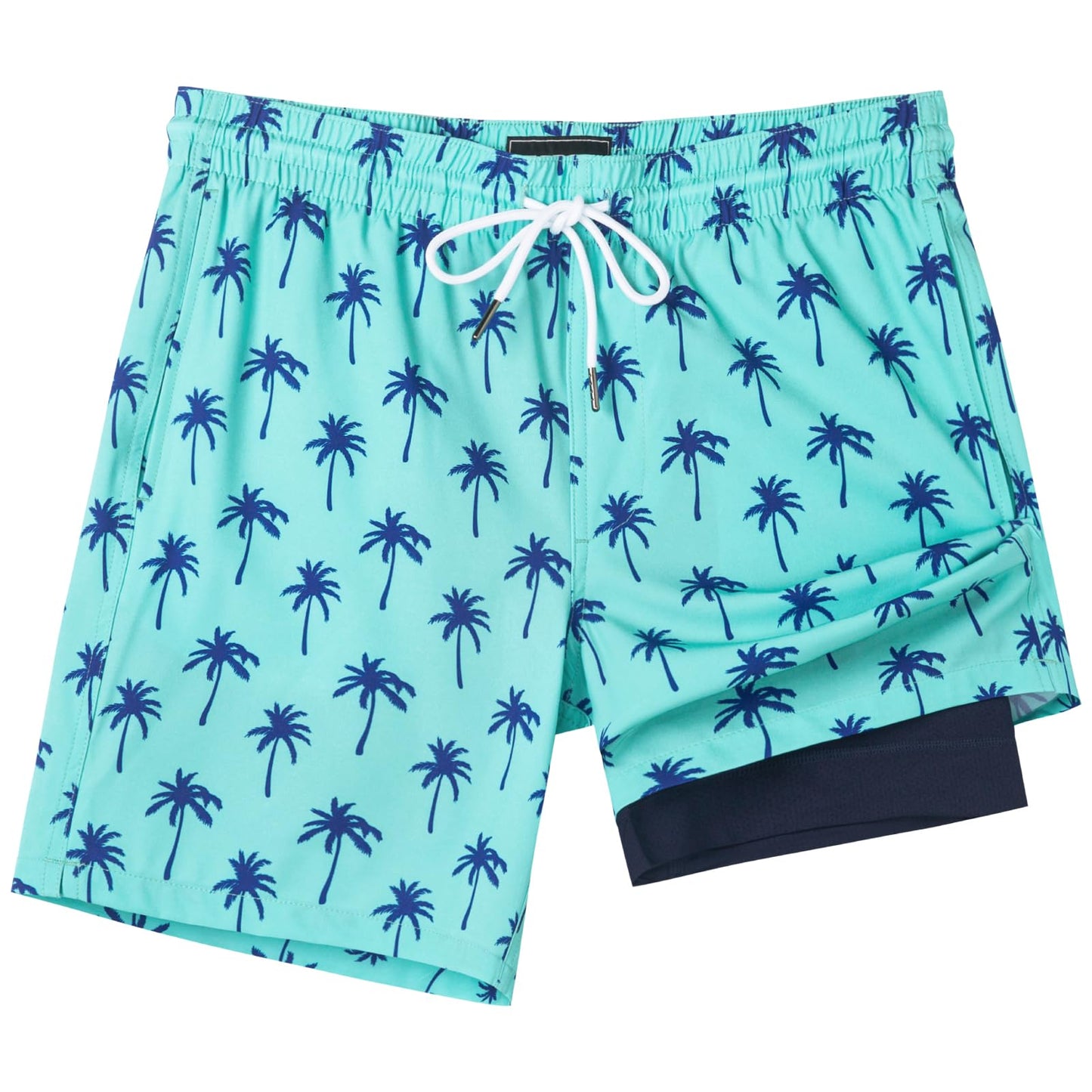 SURF CUZ Mens Swim Trunks with Compression Liner Quick Dry Swim Shorts 7" Swimming Trunks Stretch Zipper Pockets,Green Palm,XL
