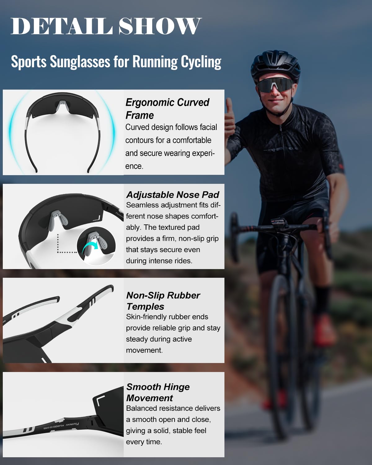 Pluxmooc Men's Polarized Sports Sunglasses, UV400 Wrap Around Cycling Glasses for Men, Anti-Fog Lightweight Sun Glasses for Running Fishing Baseball Softball Bike (Black)
