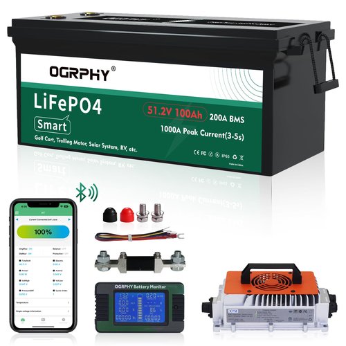 OGRPHY 48 Volt Lithium Battery for Golf Cart with 18A Charger, 48V Lithium Battery with 200A BMS, LCD & Mobile Monitor, 5.12kWh with 10.24kW Output, 1000A Peak Current for Golf Cart