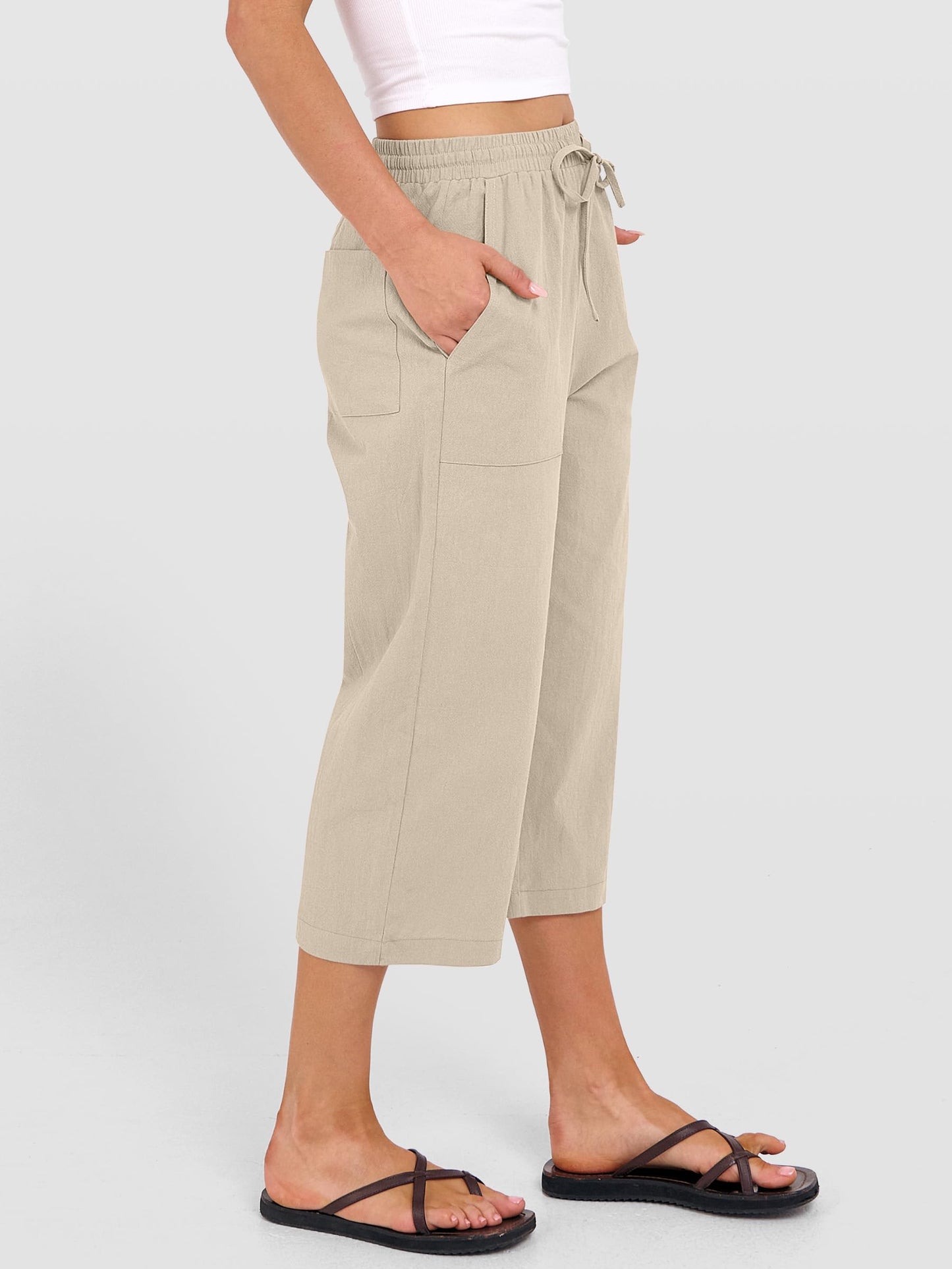 ANRABESS Capris Pants for Women Summer Casual Loose Drawstring Elastic High Waist Straight 2026 Lounge Beach Cropped Trousers Large Light Beige