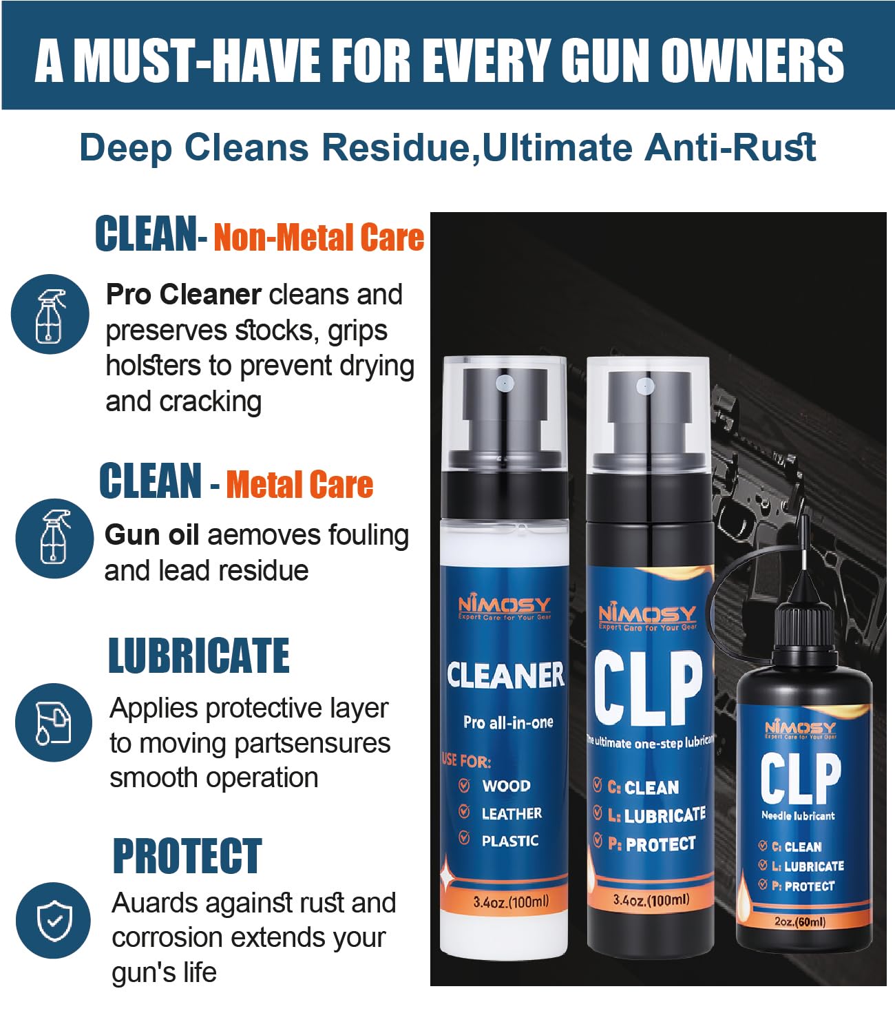 NIMOSY CLP Gun Cleaning Oil kit-Includes Pro Cleaner, CLP Lubricant, Brushes, Picks Swabs and Cloth, Complete Gun Cleaner and Oil Supplies for Rifle Pistol Firearm Maintenance,Gifts for Men