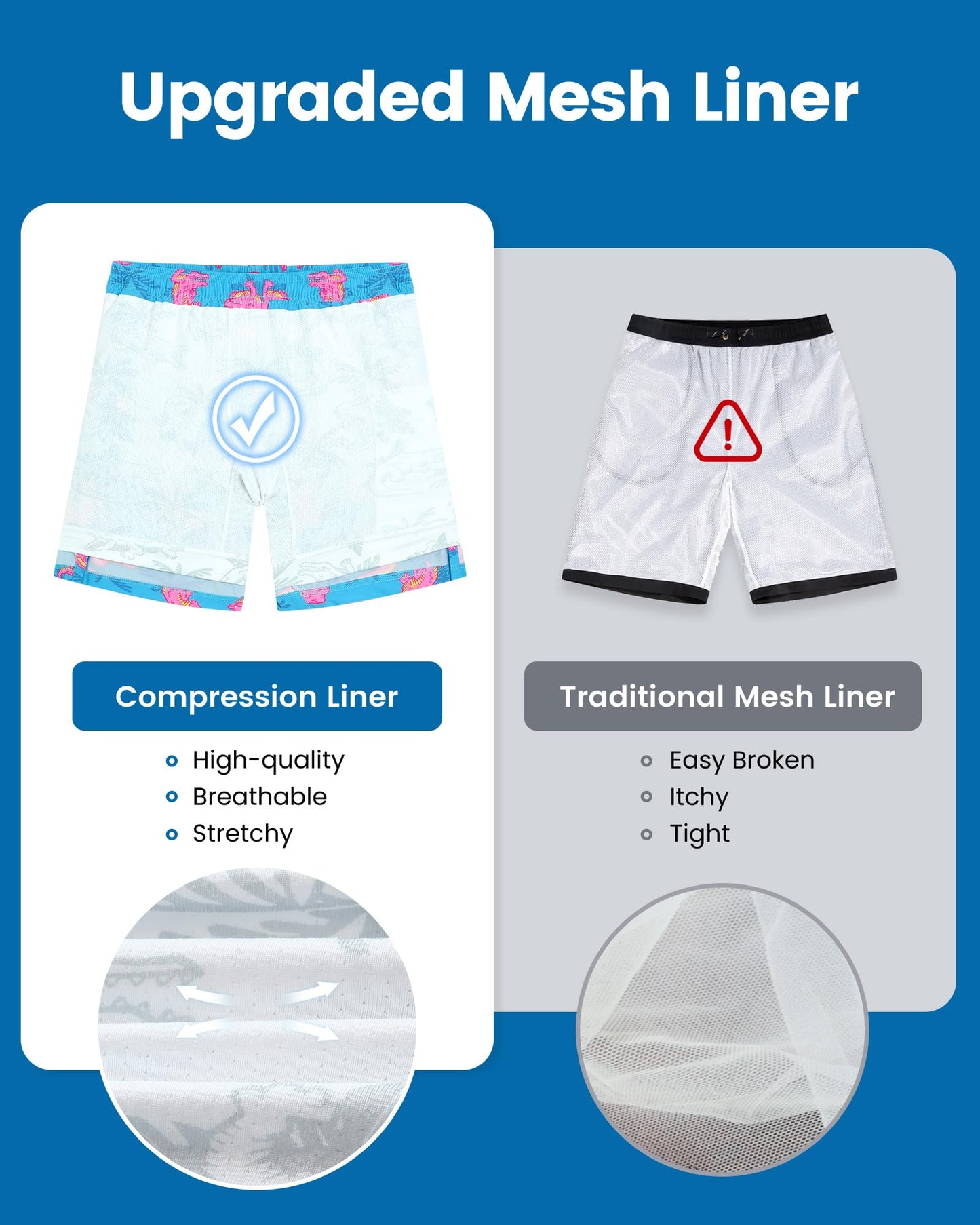maamgic Mens Swim Trunks with Compression Liner 7 Inch Inseam Mens Bathing Suit Quick Dry Swimming Trunks Swimsuit Blue and Pink Crocodile Large