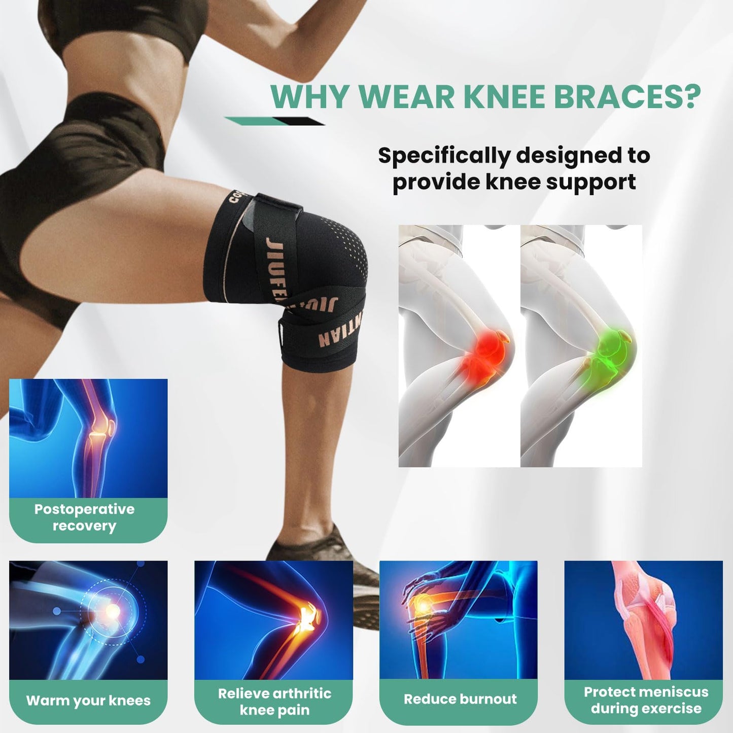JIUFENTIAN Knee Support for Women and Men with Strap (2pack) Copper Knee Brace for Women Arthritis Pain-Knee Sleeves for Working Out,Running and Knee Pain Relief(Large)