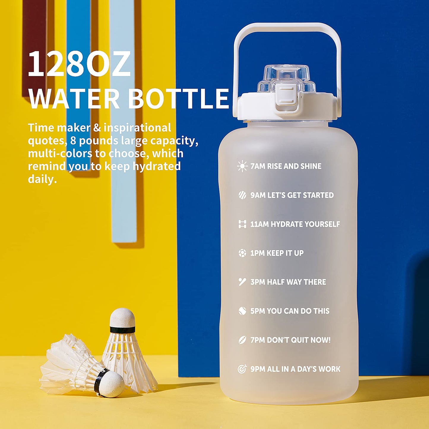 ST-YIBEN 128oz Large Motivational Water Bottle with Time Marker,Leakproof & BPA Free 1/One Gallon Big White Water Bottle with Straw & Handle Tritan Water Jug for Women Men to Fitness,Gym,Sports