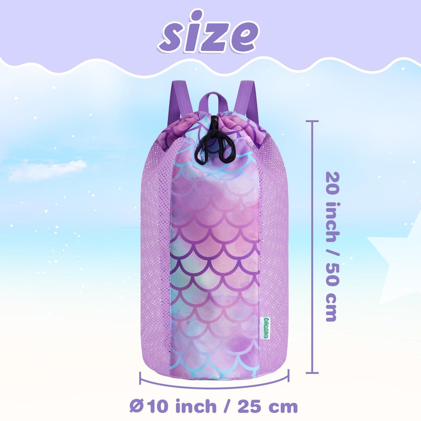 WAWSAM Mermaid Large Mesh Beach Bag for Kids, Drawstring Beach Backpack for Girls, Tote Mesh Beach Toys Bag, Swim Pool Toys Balls Storage Bags Gym Bag, Beach Toy Shells Organizer