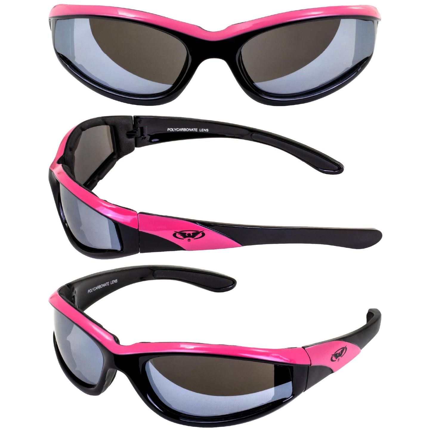 Global Vision Hawkeye Pink Frame Sunglasses Flash Mirror Lenses, Vented EVA Foam to keep sweat, wind, dust out of your eyes, UV400 and Scratch Resistant Unbreakable Shatterproof Polycarbonate Lenses