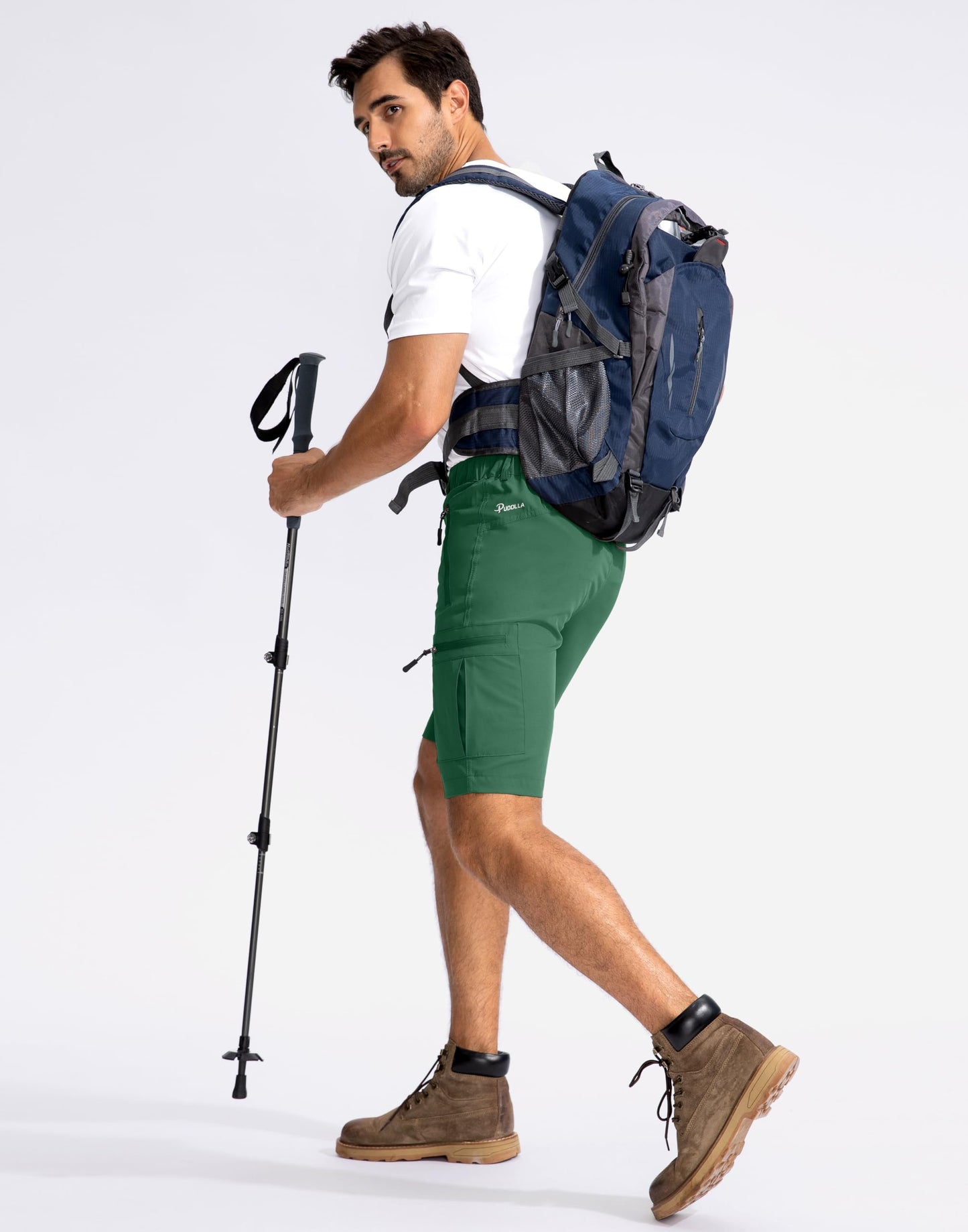 Pudolla Men's Hiking Cargo Shorts 9" Lightweight Outdoor Work Shorts for Men Travel Golf Camping Casual with 5 Zipper Pockets(Green Medium)