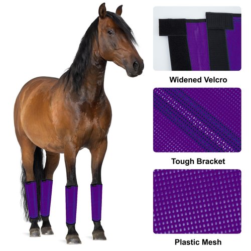 FOXLVDA Horse Fly Boots - Fly Boots for Horses Set of 4, Comfortable Horse Leggings, Mesh Material Design with Metal Support Bars, Equine Supplies for Reduces Stomping & Leg Fatigue (Purple, Large)