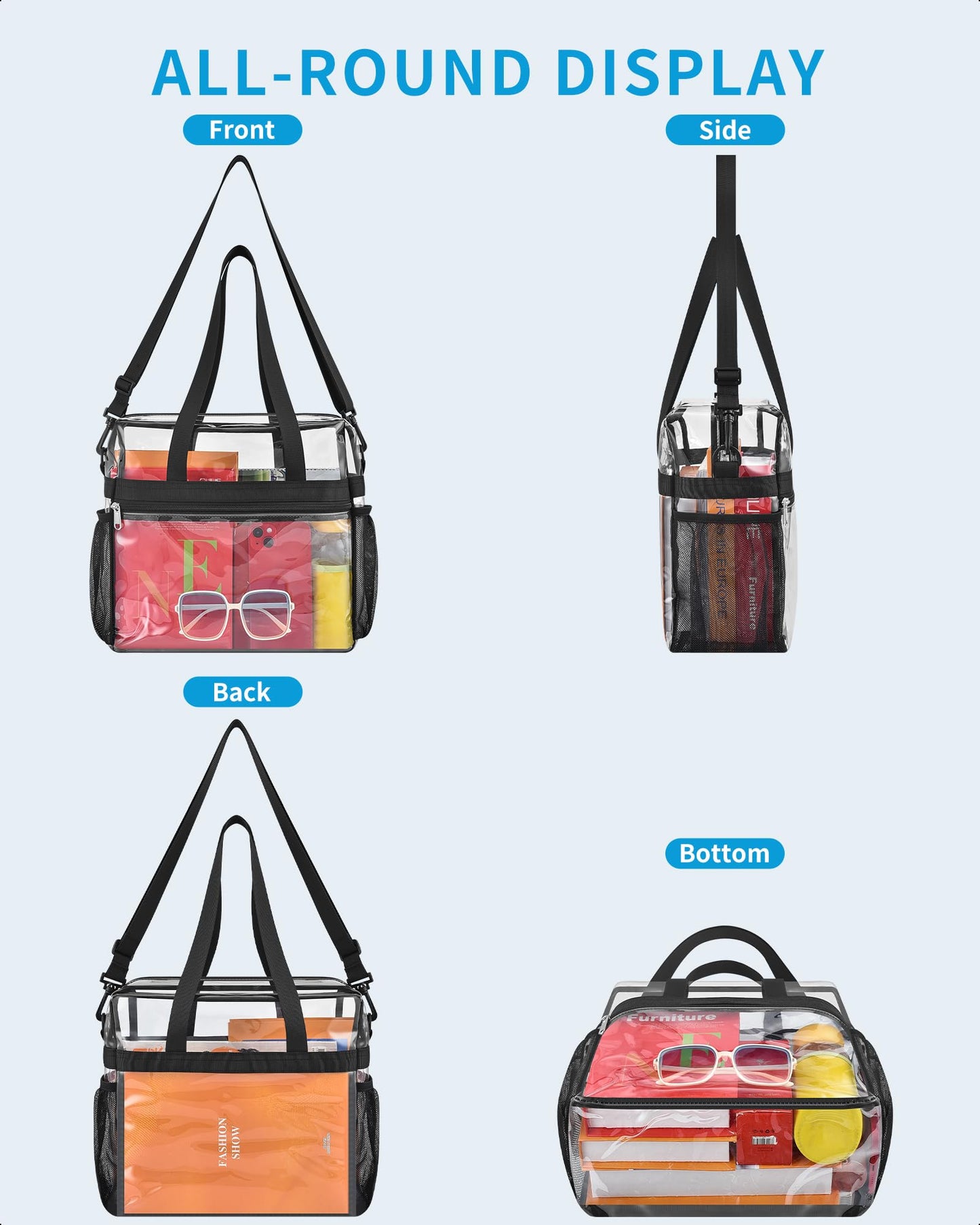 Paxiland Clear Bag for Stadium Events 12x6x12, Large Clear Tote Lunch Bag Stadium Approved with Detachable Reinforced Shoulder Straps for Concert and Festival, Transparent Handbag for men - Black