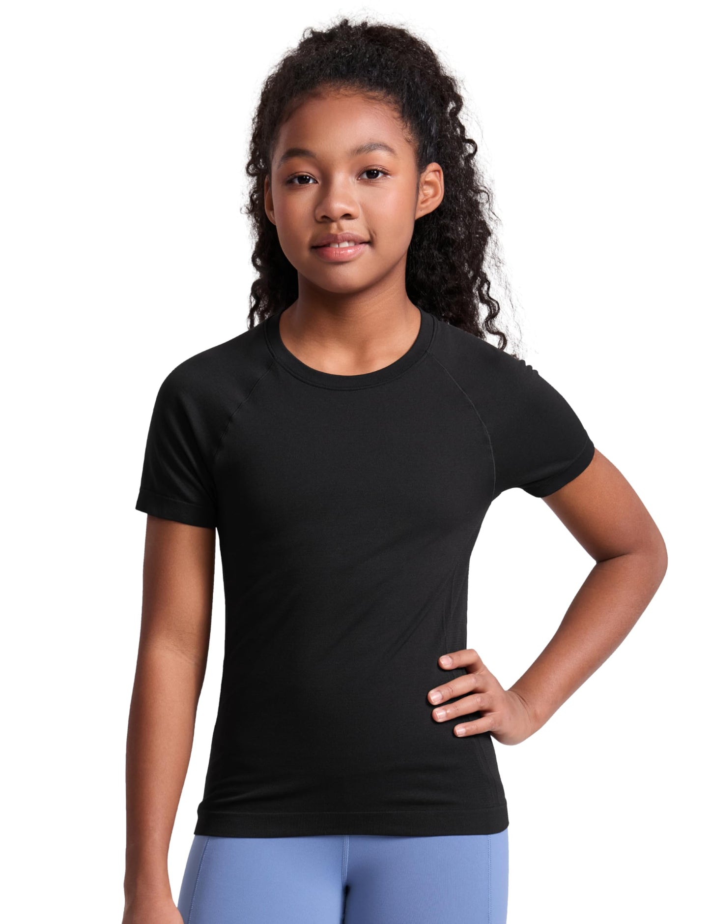 CRZ YOGA Girls Seamless Short Sleeve Athletic T Shirts - Active Sports Casual Tees Crew Neck Kids Teen Black Large