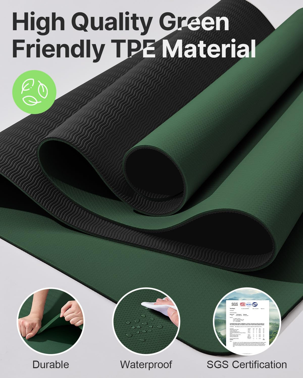 YOTTOY Yoga Mat, Non-Slip TPE Exercise Mat (1/4 Inch) for Pilates, Fitness & Barefoot Workouts, Home Gym Studio with Strap & Bag (Green, 24 * 0.24 Inches)