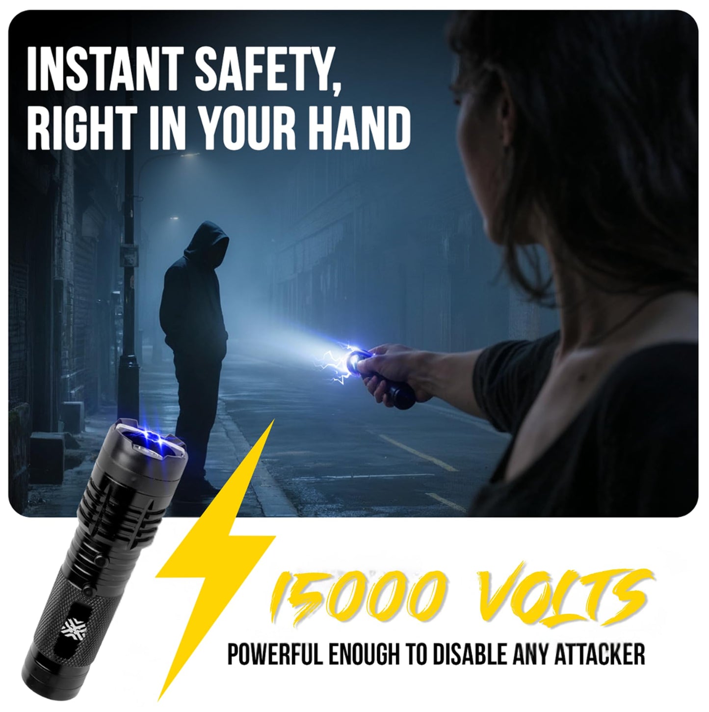 Pain Safari Shockwave Mini Stun Gun Flashlight | Stun Gun for Women and Men Self Defense | 15,000V | 200-Lumen LED Emergency Flashlight | No License Needed | USB-C Rechargeable Stun Gun Flashlight