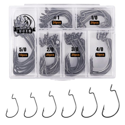 UCEC Fishing Hooks, 100pcs EWG Offset Worm Hooks Bass Hooks Wide Gap 2X Strong Senko Bait Texas Rig Jig Fish Hooks for Bass Trout Saltwater Freshwater Size:#1 1/0 2/0 3/0 4/0 5/0