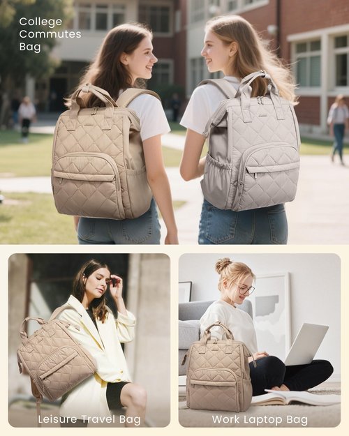 LOVEVOOK Laptop Backpack for Women, Puffer Quilted Computer Bag for Travel Work Business, Casual Daypack for Teacher Nurse,15.6 Inch, Khaki