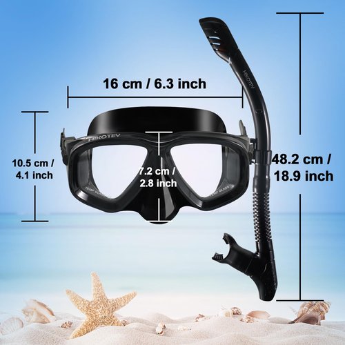 HIKOTEY Snorkeling Set for Adults, Full Dry Snorkeling Mask Set for Adults, Anti-Fog Protection, Unisex,HD Panoramic View (Black)