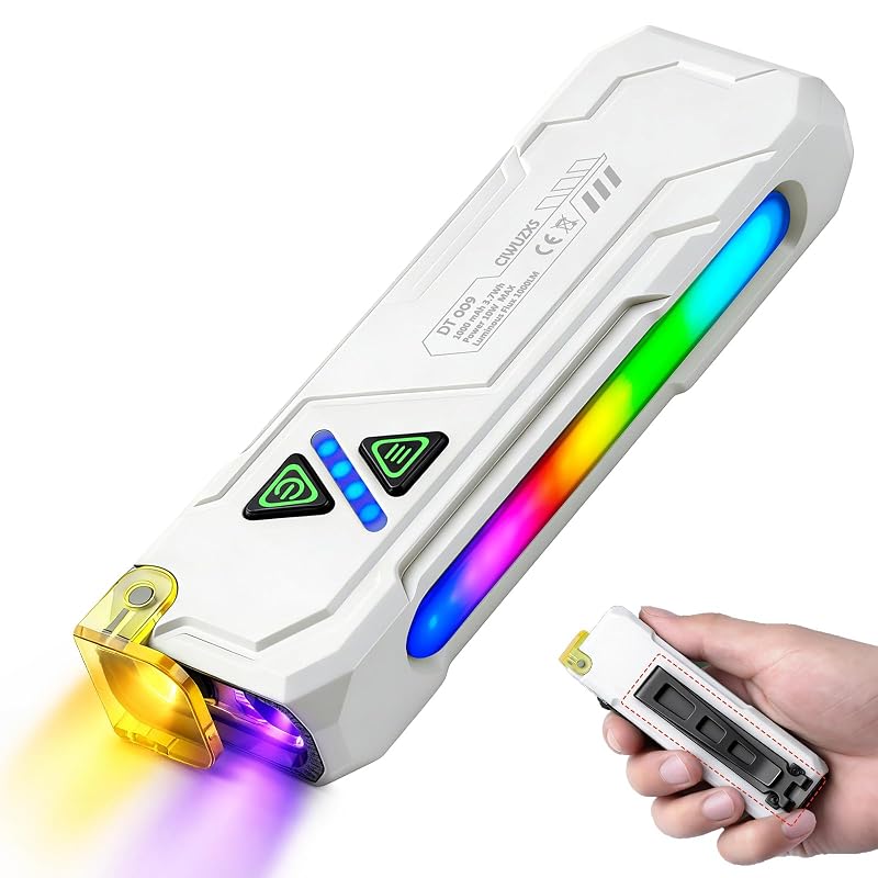 EDC Flat Rechargeable Flashlight with UV & RGB, Dual Switch, Magnetic Clip – White (Variation: RGB White+1+Compact)