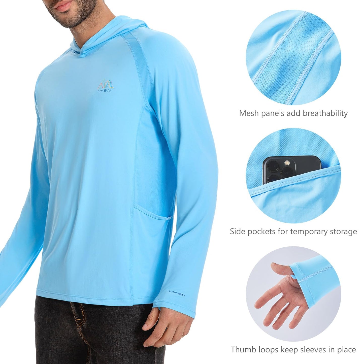 UVSAI Men’s UPF 50+ Hoodie Shirt Long Sleeve Permanent UV Sun Protection Vented Tee Performance for Outdoor Hiking Fishing Sky Blue