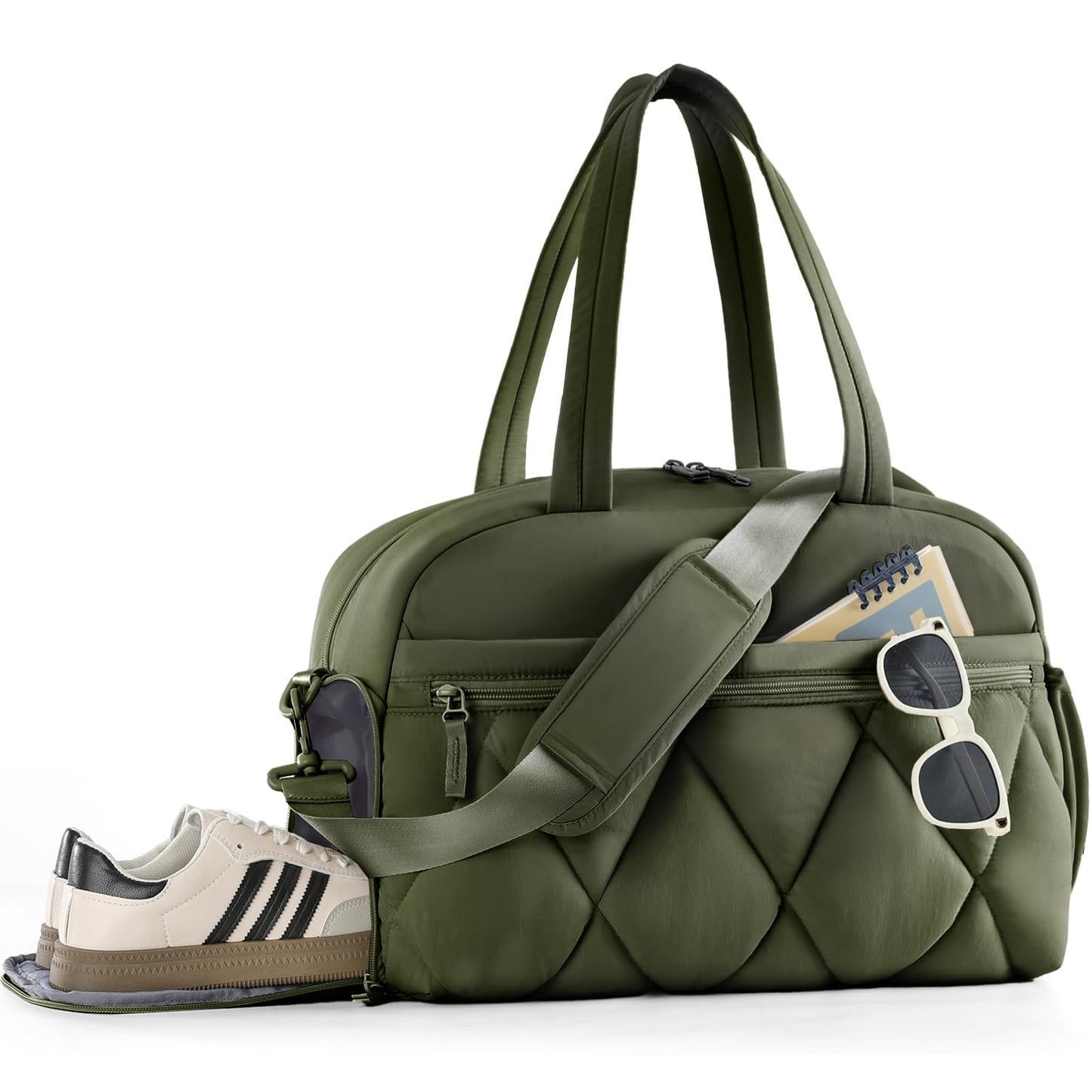 Lekespring Gym Bag for Women, Puffer Travel Duffle Bag With Shoes Compartment & Wet Pocket, Carry On Tote Bag For Weekender, Overnight, Sport duffel bags for traveling (Green, Medium)