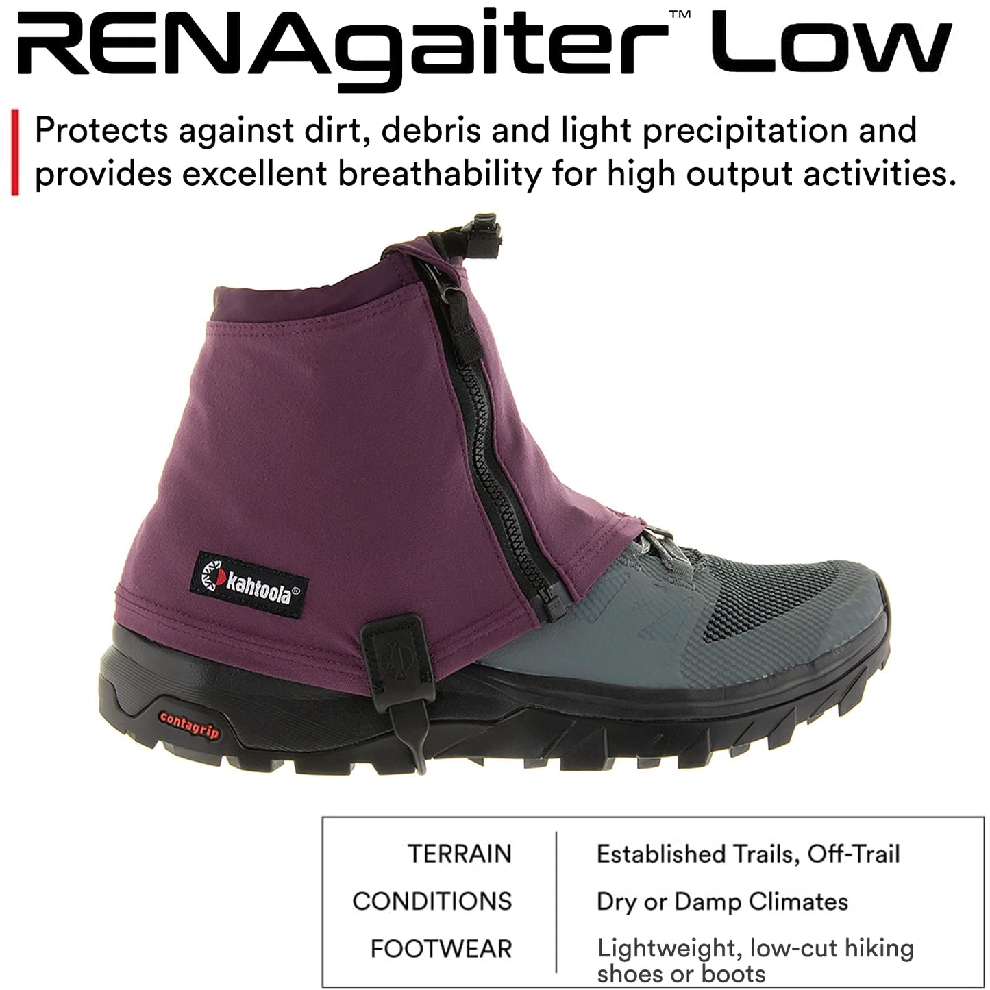 Kahtoola RENAgaiter Low Gaiters for Hiking, Mountaineering, Trail Running, Shoe & Boot Protection in Mud, Snow & Ice - Plum - Large|X-Large