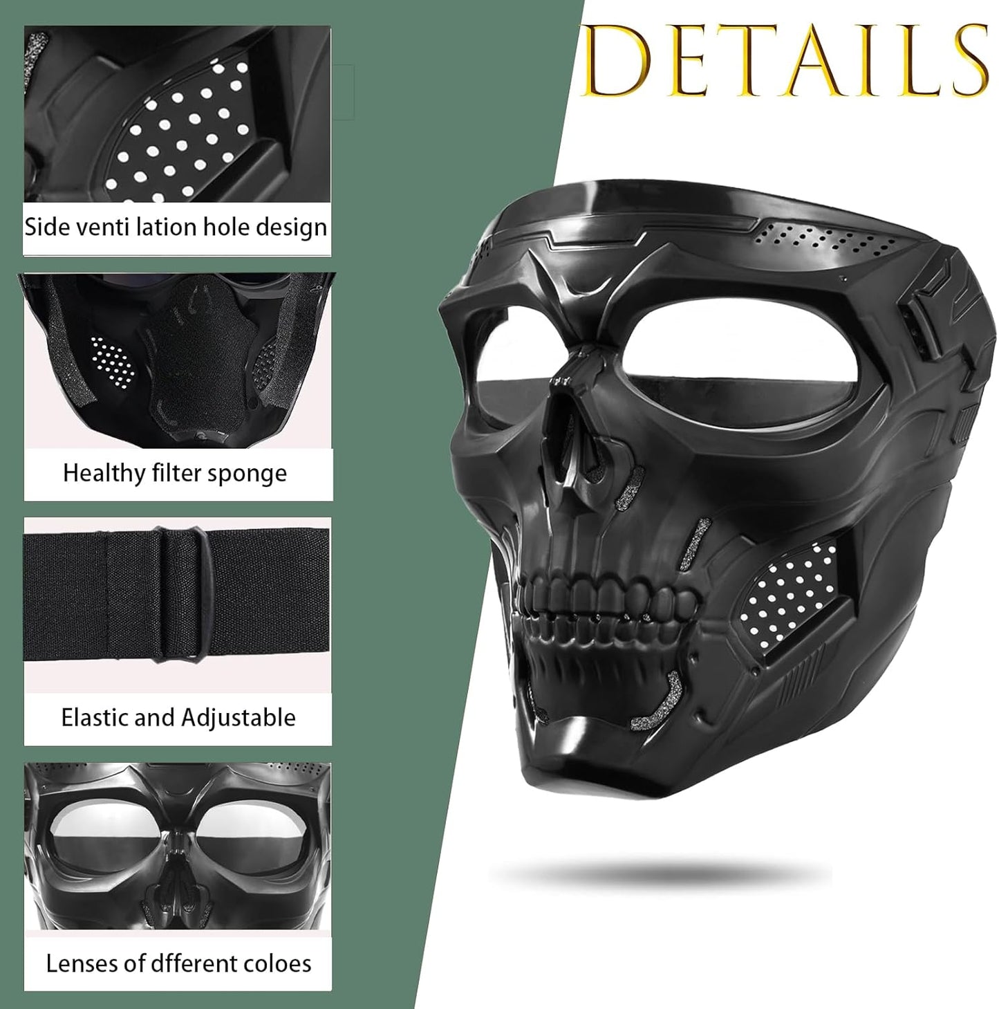 2PCS Airsoft Mask Paintball Mask Full Face Tactical Mask Suitable for CS Survival Games Shooting Cosplay Movie Halloween Skull Mask