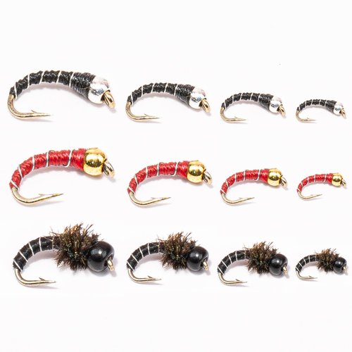 Floating Feather Supply Zebra Midges for Fly Fishing 12 Pack - Hook Size 18-22, Fishing Accessories, Trout Flies, Wet Flies, Silver Bead Black, Gold Red, Tungsten Euro Nymph (Black, 22)