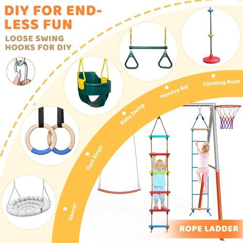 VALUE BOX 3-Seats Swing Sets for Backyard with Basketball-Hoop, Kids Metal Swing Sets for Outdoor with 3 Height-Adjustable Seats, 6 Locking Threaded Hangers, Suitable for DIY (Orange&Blue)