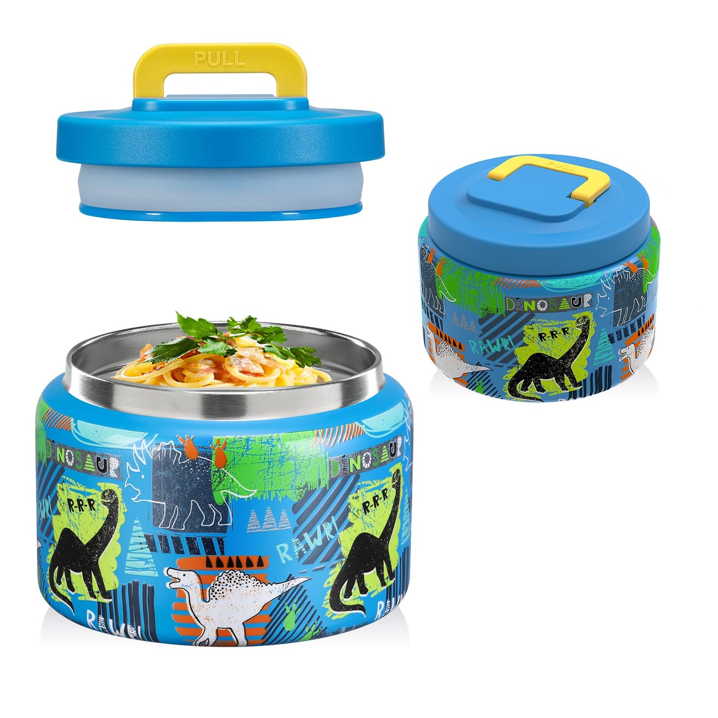 JXXM 8 Oz Thermo Food Jar for Hot & Cold Food for Kids, Insulated Lunch Containers Hot Food Jar,Leak-Proof Vacuum Stainless Steel Wide Mouth Lunch Soup Thermo for School (BLUE-Dinosaur)