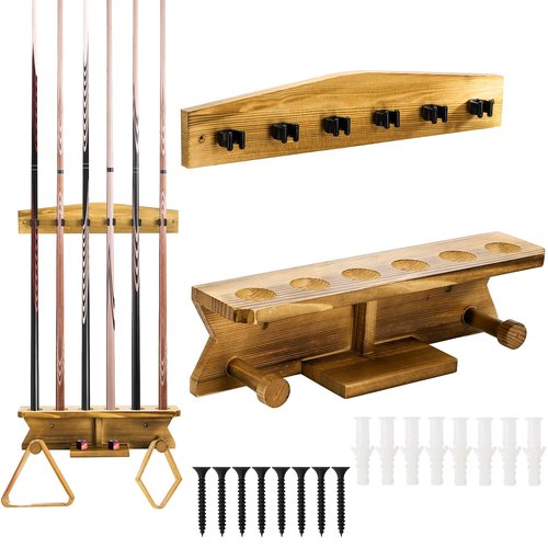 Pumtus Wall Mount Pool Stick Holder, Wood Billiard Cue Rack, Hold 6 Cues and 2 Triangle Racks, Sturdy Pool Cue Rack, Wall Billiard Stick Holder, Pool Table Accessories Organizer for Game Room, Bar