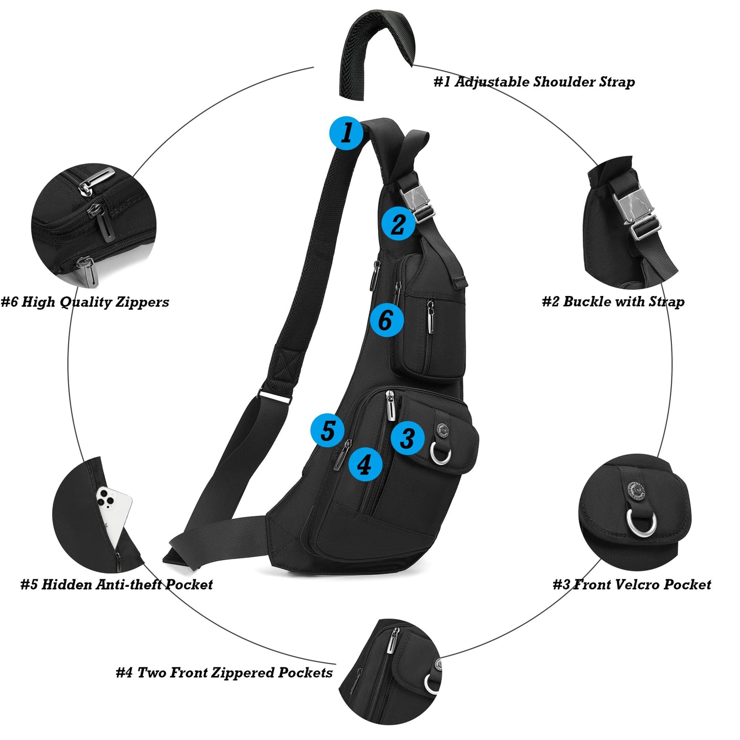 NICGID Sling Bag Chest Shoulder Backpack Crossbody Bags Casual Daypack for Men Women (Black-014)