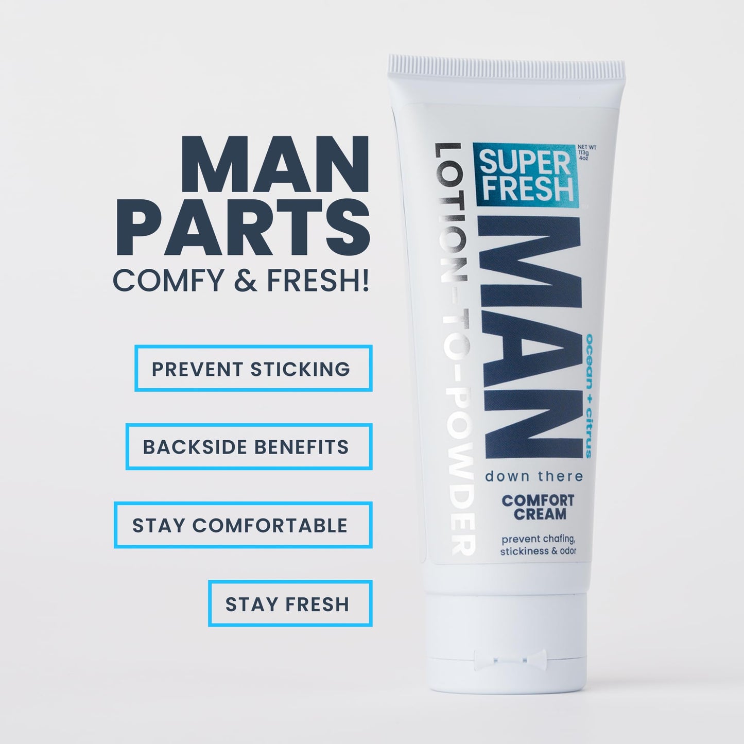Super Fresh Man Parts Ball Deodorant for Men | POWDER LOTION | Mens Hygiene Cream for Groin, Butt, & Body | Fresh Control Odor, Anti Chafing, Stop Itch, Absorb Sweat | Aluminum Free