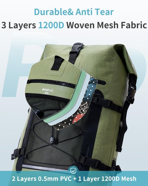 ECOHUB Waterproof Backpack for Women Men, 30L Roll-Top Closure Heavy Duty Dry Bag for Travel Kayaking Boating Hiking Floating with IPX8 Waterproof Phone Case (Green)