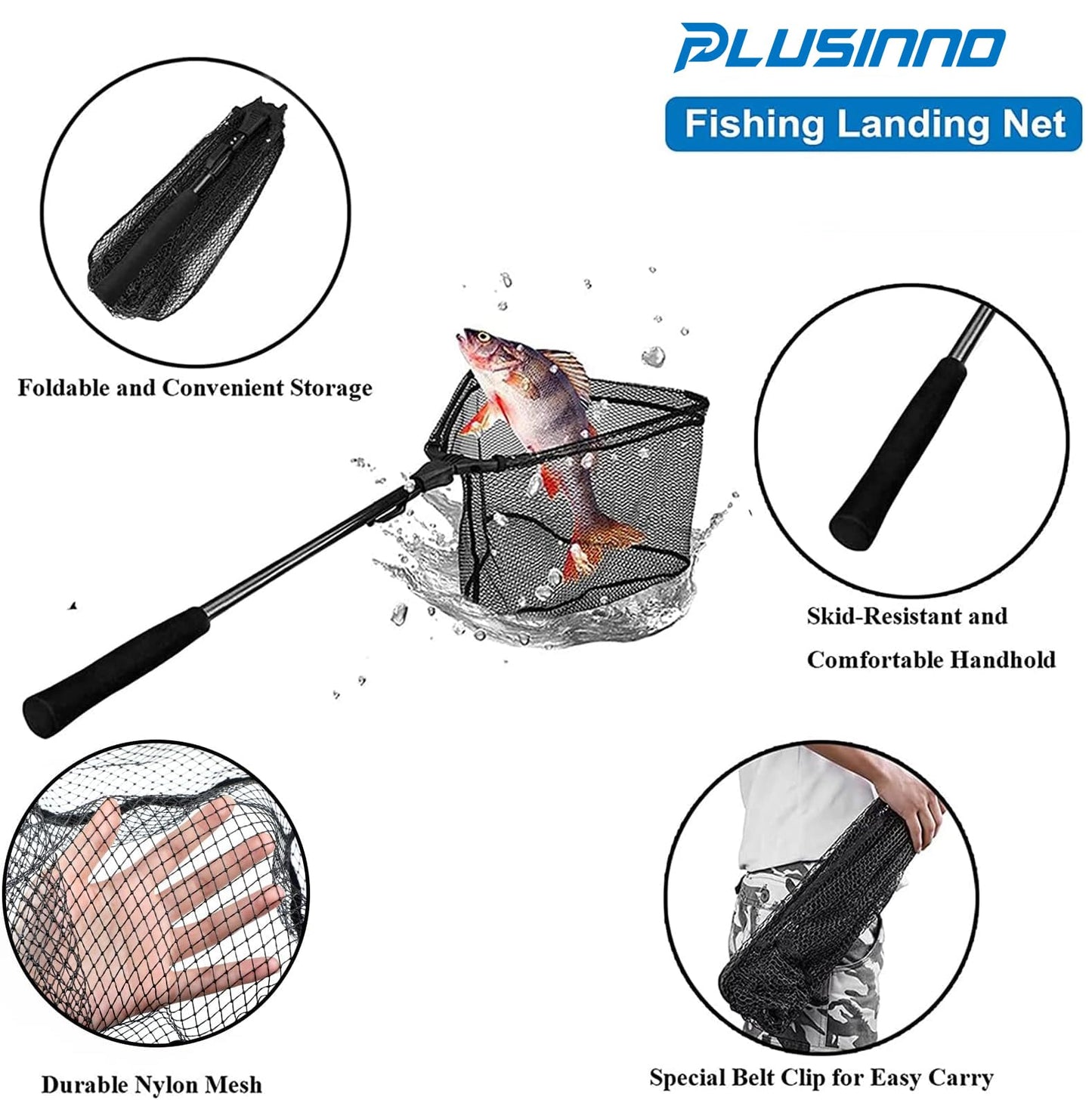 PLUSINNO Fishing Net Fish Floating Landing Net, Kayak Nets with Fixed Foldable Telescopic Pole Handle,Bass Trout Fishing Nets with Nylon Mesh for Pond Lake River,Fishing Gear Gifts for Men,Black 0.8M
