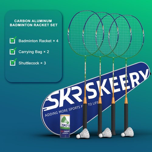 SKEERY Professional Badminton Set with Winch System,Portable Badminton Net Includes Carbon Aluminum Badminton Rackets Set of 4,3 Shuttlecocks and Carrying Bag,Badminton Sets for Backyards,Beach (Blue)