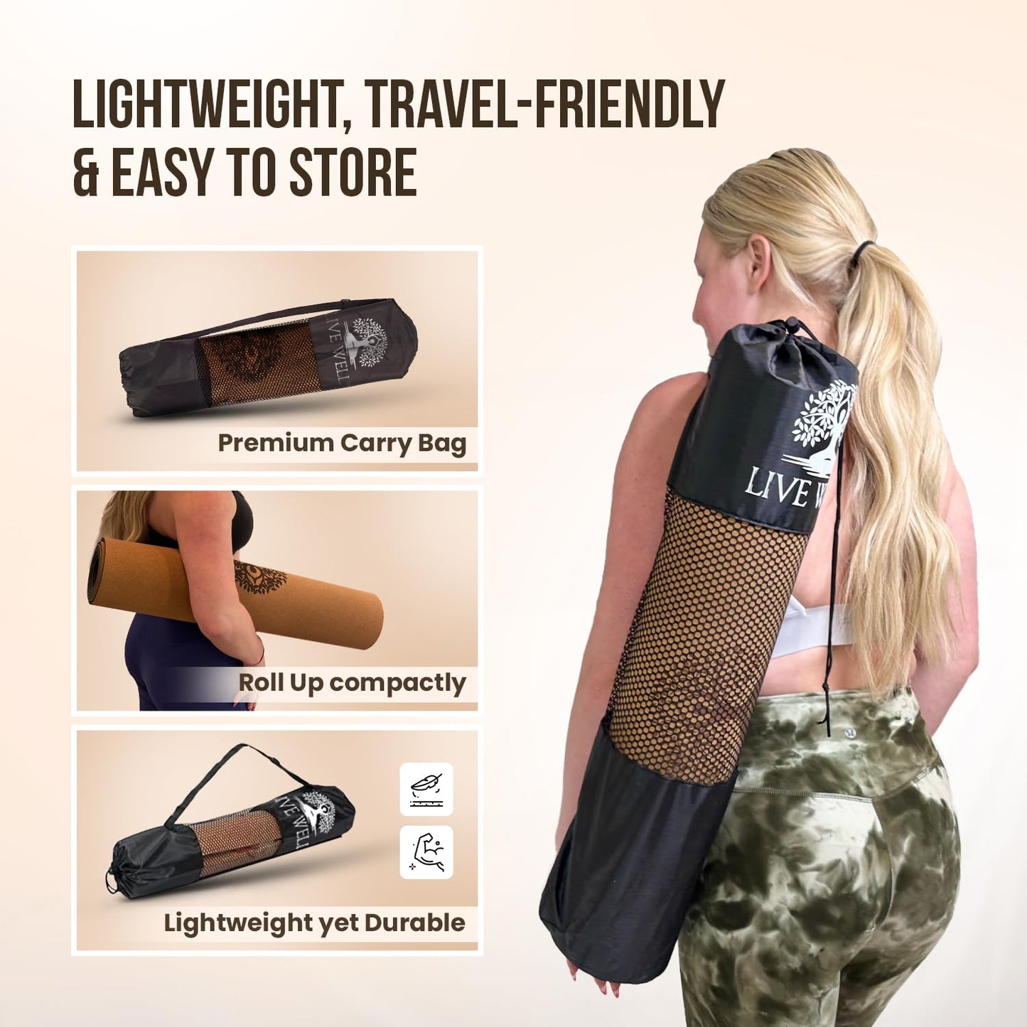 MHW - Live Well Cork Yoga Mat Thick | Non Slip Yoga Mat With Bag | Large Thick Extra Wide And Long | Eco Friendly Yoga Mat Non Toxic | Natural Rubber Mat | Foldable Mat With Strap