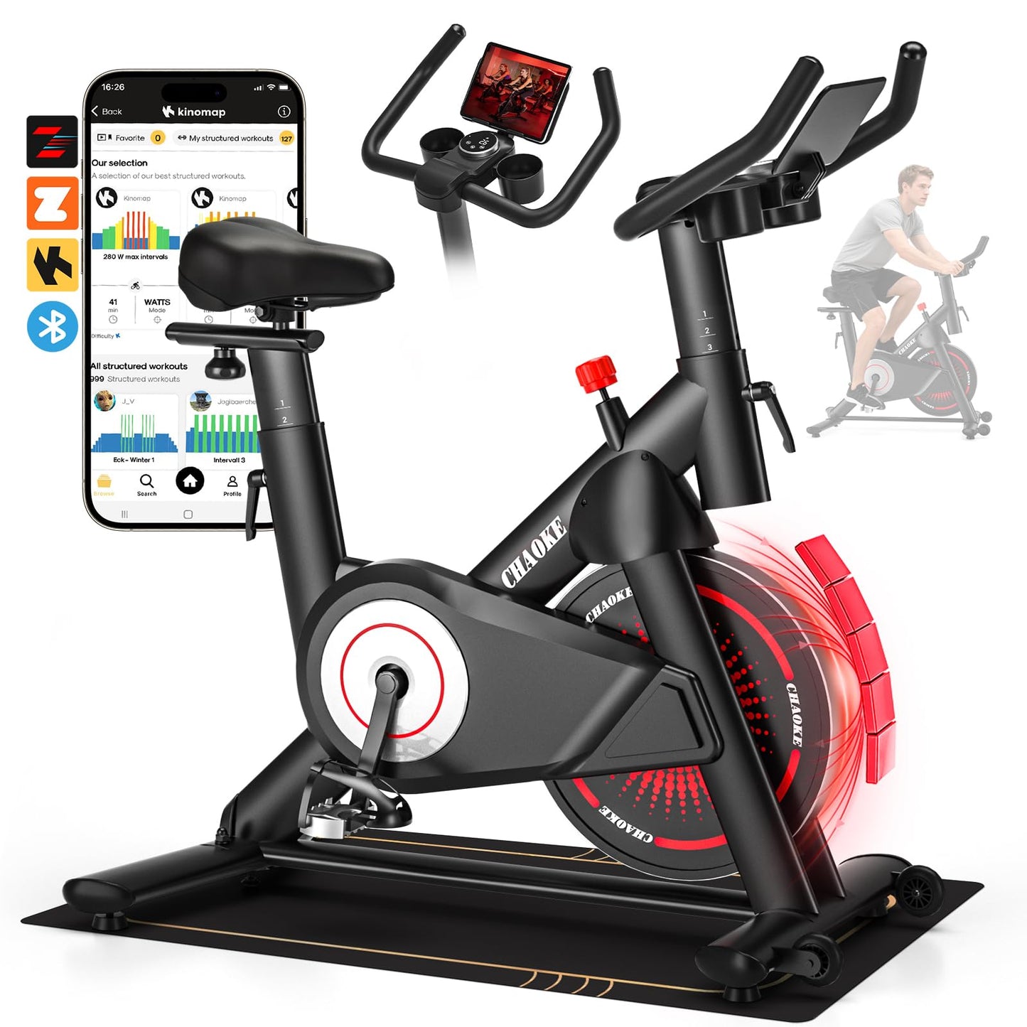 CHAOKE Exercise Bike, Quiet Adjustable Magnetic Stationary Bike for Home Cardio with App Compatible, 350LB Weight Capacity Indoor Cycling Bike with Comfortable Seat, Digital Display for Home Fitness
