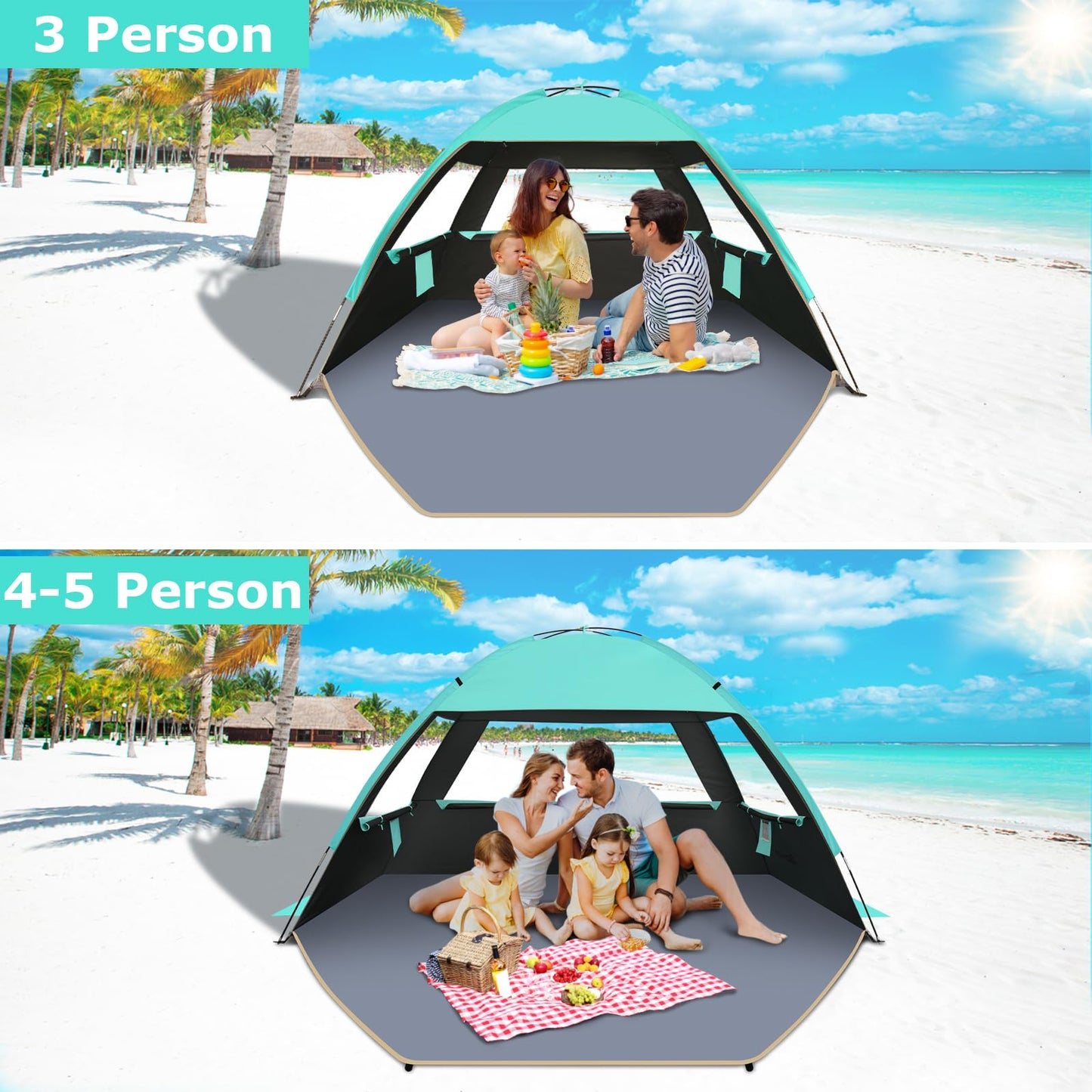 Gorich Beach Tent Sun Shelter for 3/4/6/8/10 Person with UPF 50＋ UV Protection, Lightweight & Easy Setup Beach Shade Canopy, Portable Beach Shade Tent Beach Cabana