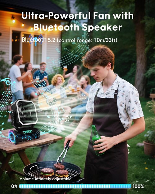 PIYOOPDR Camping Fan with Bluetooth Speaker Portable Fan,20000mAh Rechargeable Battery Powered Fans,Quiet 4-Speeds, 4-LED Light,360° Hanging Hook for Outdoor Picnic Tent Beach Travel Barbecue, Black