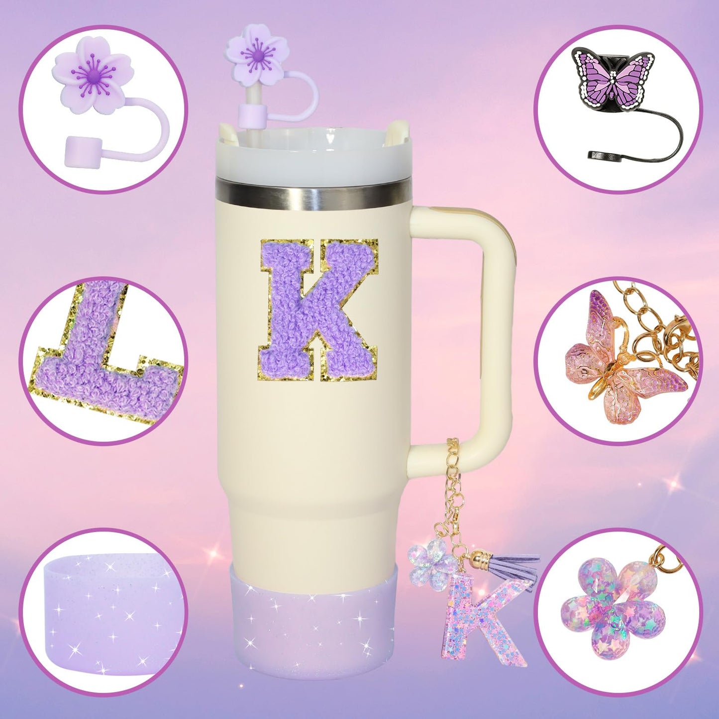Liangang Stanley Cup Accessories Set, Compatible with Stanley 30oz 40oz, Includes: 2 Straw Covers & 2 Boot Covers, Spill-Proof Stopper, 2 Handles & 2 Sticker Letters (Incl. Letter K)